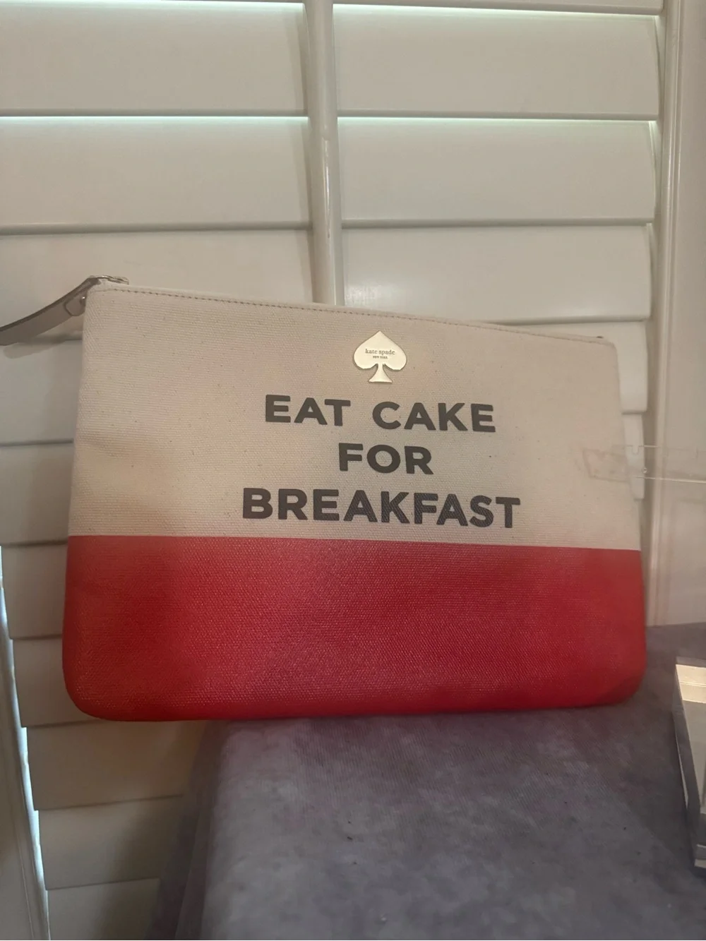 kate spade  Eat‎ Cake For Breakfast cream and red canvas zipper pouch Nwot